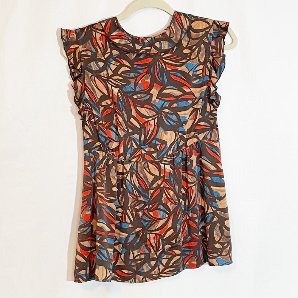 🟢Victor Alfaro 100% Silk Abstract Ruffle Accent Top 8 - Picture 7 of 9